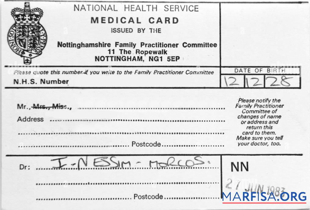 Downloadable UK Nottinghamshire family practitioner committee medical card example